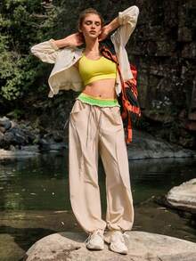 WanderVale Pantalones casuales versátiles de uso diario con cintura con cordón y bolsillos para mujer - Amarillo - Ver 5