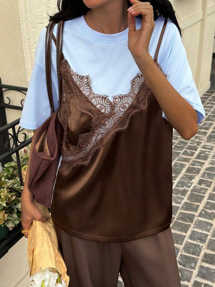 Women's Patchwork Contrast Color Loose T-Shirt, Layered Camisole Look, Sweet Style, Suitable For Spring And Summer