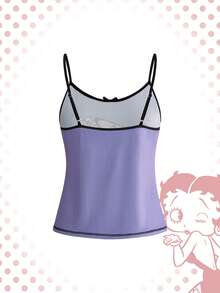 Betty Boop | ROMWE 可爱摇滚风原宿风吊带背心短裤睡衣套装，撞色滚边和蝴蝶结 - 紫色 - 查看 7