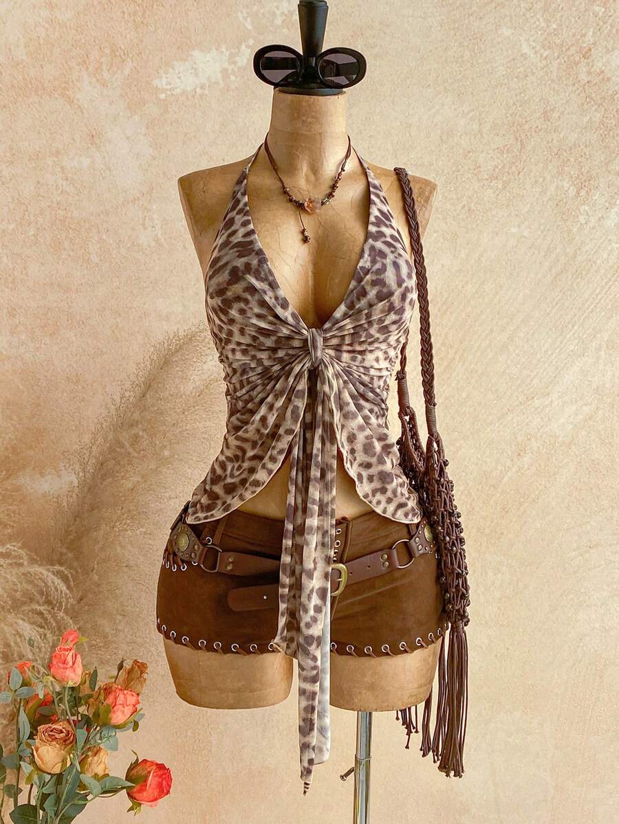 Soleia Women's Leopard Print Pleated Asymmetric Hem Halter Neck Camisole - Apricot - View 1