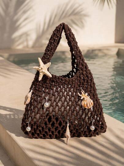 Swim Chiccia 1pc Polyester Mesh Bottom Multicolor Solid Crochet Woven Tote Bag, Rhombus Pattern, Lightweight Portable Large Capacity Cute Japanese Style Fashion Summer Beach Bag For Women