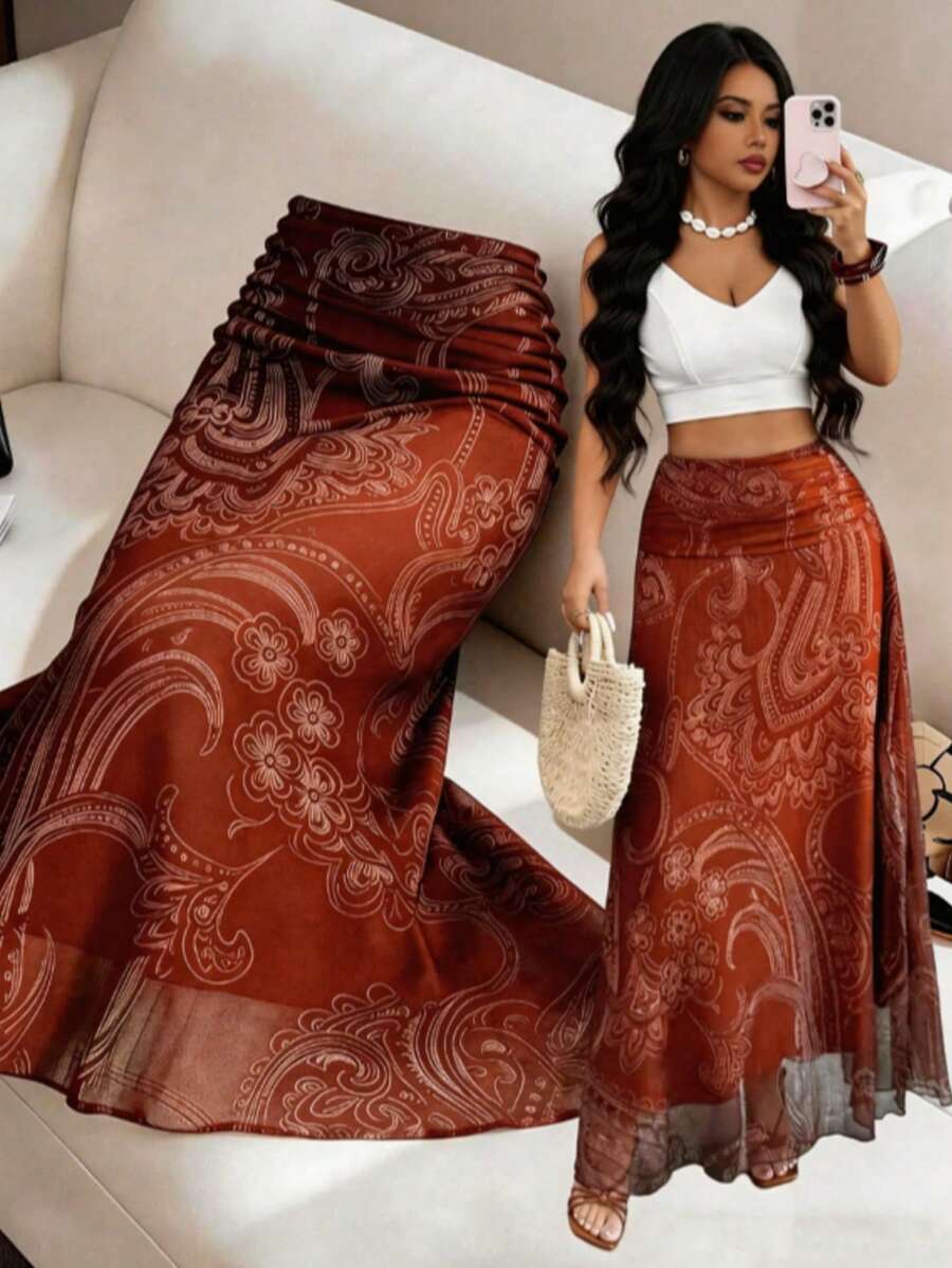 SHEIN Elenzya Chân váy chữ A in họa tiết retro màu hạt điều dành cho nữ, duyên dáng cho kỳ nghỉ, mặc hàng ngày, đi làm thanh lịch, hẹn hò thời trang, phong cách đường phố Pháp, đa năng retro, họa tiết hoa retro màu nâu, chân váy maxi dài mùa xuân/hè mới. - Gỗ đỏ - Xem 1