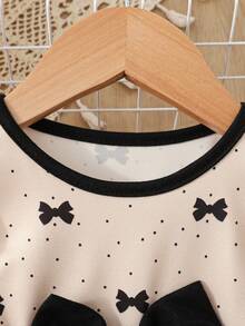 SHEIN Baby GirlApricot & Black Polka Dot Bow Print Dress With Cute Bow Decor - Apricot - View 3