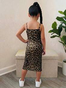 Young Girls' Leopard Print Camisole Dress With Bow Hem & Side Slit, Casual Streetwear,Kids - Brown - View 2