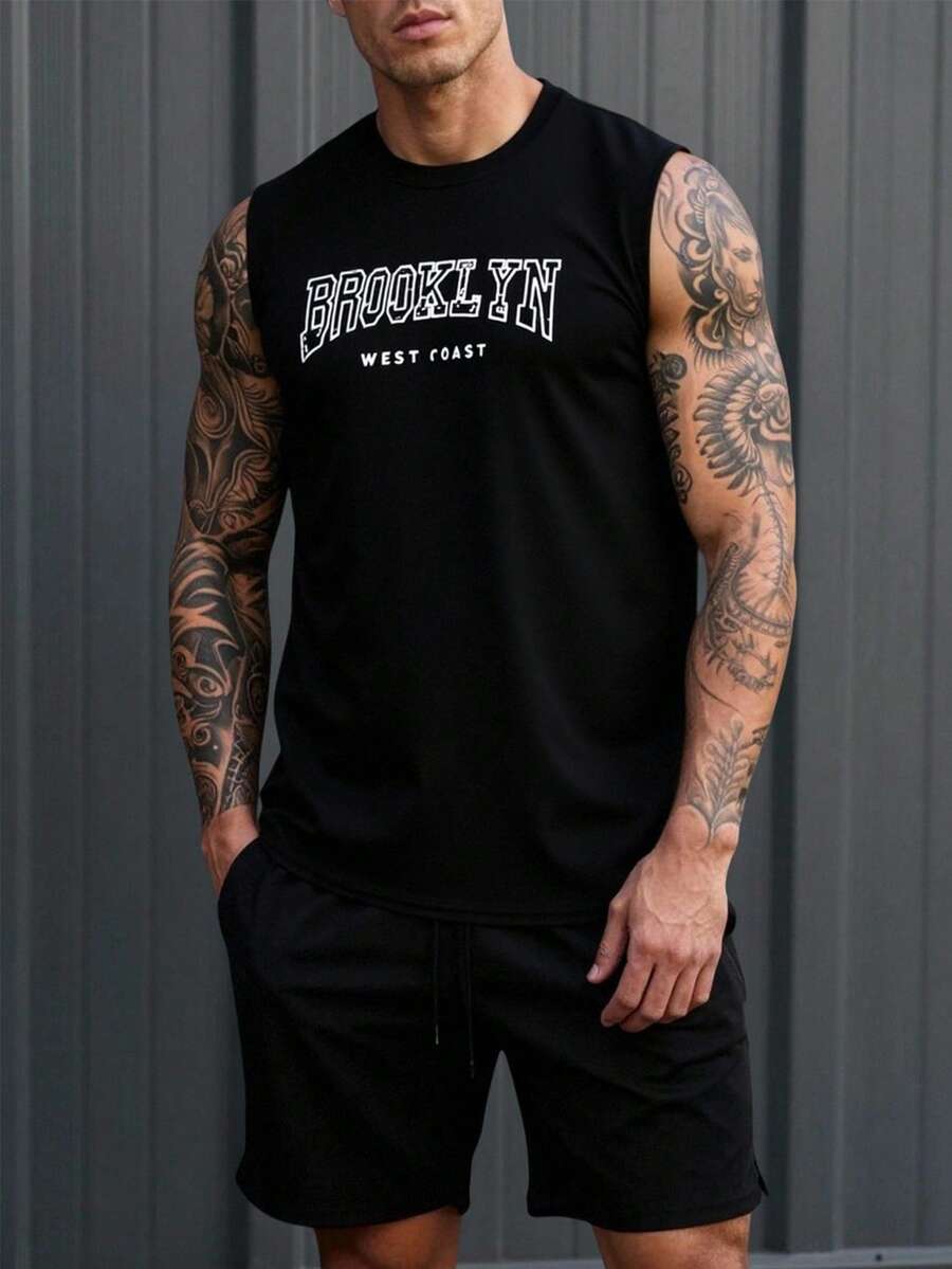 GymBeat 男士字母印花休闲百搭日常穿着及运动T恤 - 黑色 - 查看 1