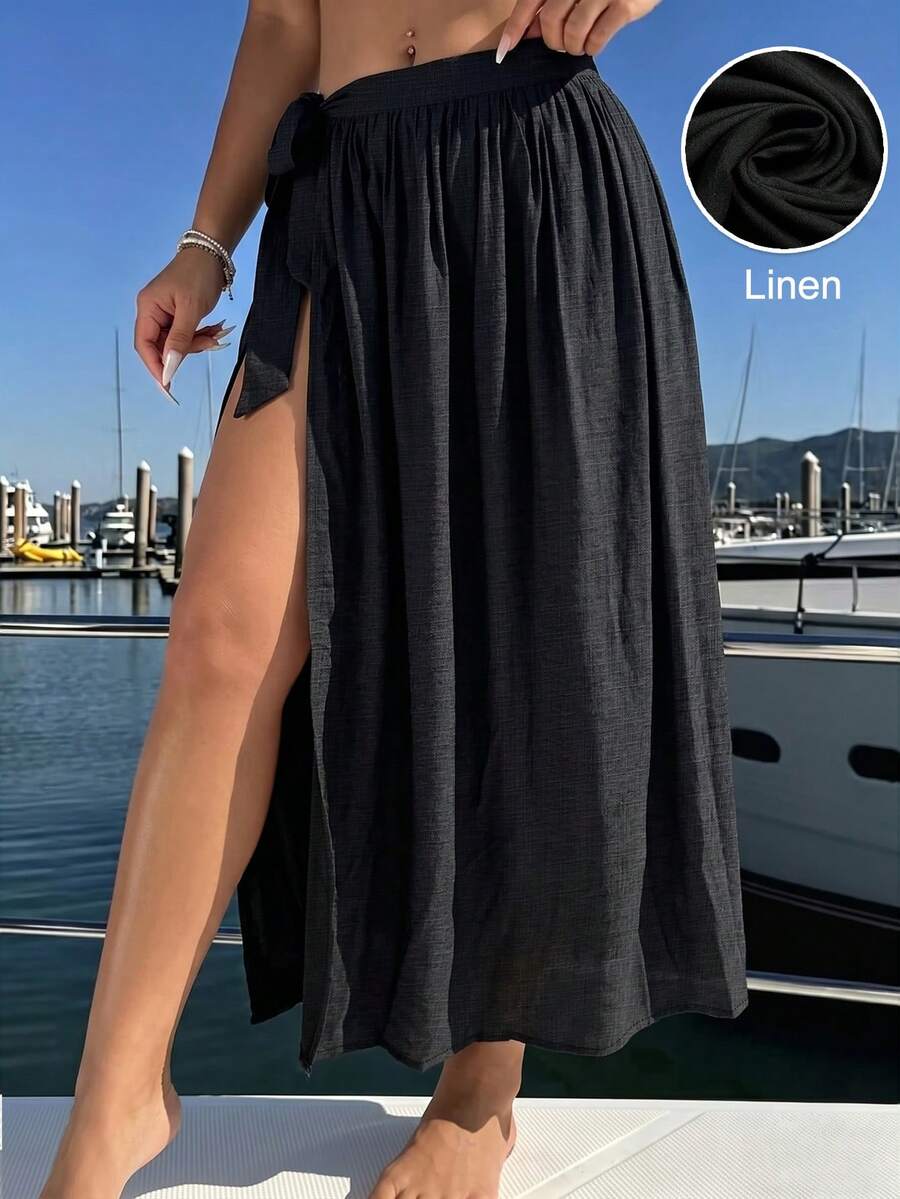 EMERY ROSE Plus Size Women's Side Knot Linen Vacation Black Bamboo Knit Skirt Fall - Black - View 1