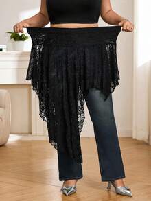 SHEIN CURVE+ Chân váy ren dáng lệch vạt thời trang mùa hè/xuân dành cho nữ cỡ lớn - màu đen - Xem 3