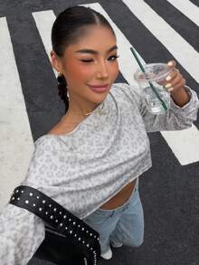 SHEIN Muchic 女士豹纹斜肩针织卫衣 - 灰色 - 查看 4