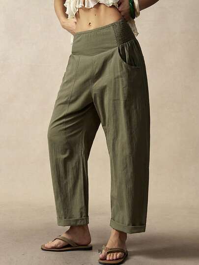 Bohemela Pantalon décontracté en tissu pour femmes, couleur unie, coupe ample et lavage