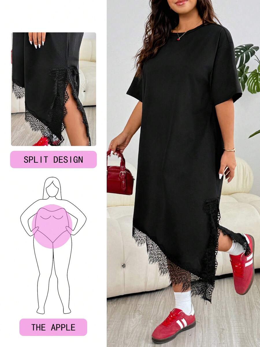 Plus Size Solid Color Minimalist Daily Wear Lace Patchwork Round Neck Short Sleeve Dress - Black - View 1