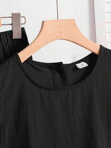 SHEIN 两件套少女休闲百搭基础款通勤装，舒适荷叶边圆领上衣搭配宽松梭织长裤，杏色，适合居家、运动、度假、外出、聚会、约会、购物、上学、返校季等场合。 - 黑色 - 查看 5