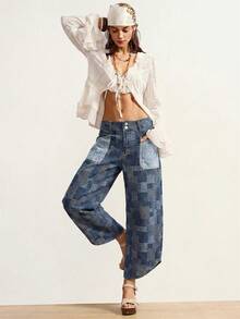 Bohemela Quần jeans nữ dáng rộng, phối màu jacquard, màu xanh dương. - Rửa trung bình - Xem 4