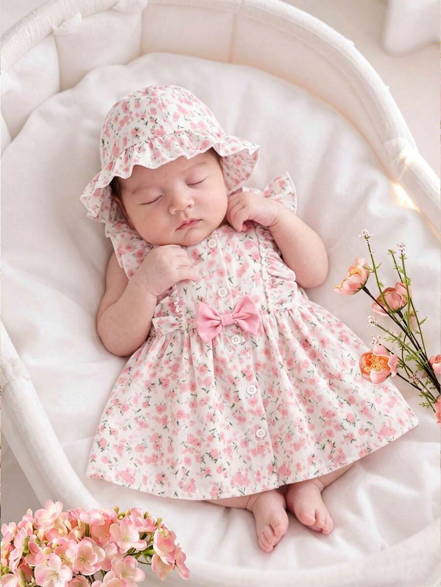 Đầm bé gái sơ sinh mùa hè màu mơ, cổ tròn, xếp ly, in hình quả anh đào hoạt hình, không tay, nơ đỏ, kèm mũ đỏ, thanh lịch và dễ thương. - Hồng - Xem 1