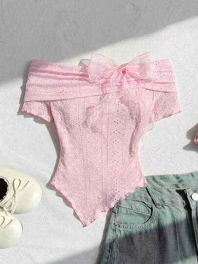 SHEIN 少女露肩蝴蝶结短袖T恤上衣，返校季，可爱上衣，学院风/情人节儿童/情人节/夏季/春季粉色