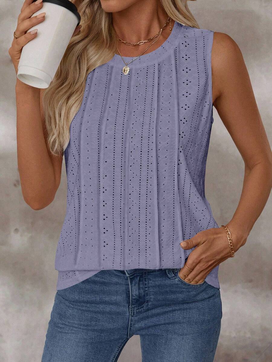 Áo tank top nữ cổ tròn không tay, chất liệu vải dệt họa tiết, thích hợp mặc mùa xuân/hè. - Màu tím - Xem 1