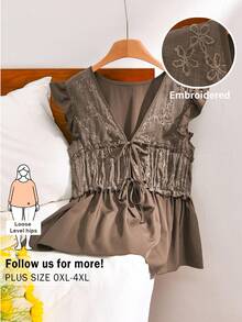 CosyJoli 大码休闲度假豹纹雪纺短袖系带上衣 - 咖啡棕 - 查看 1