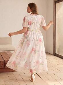 Roveilla Vestido de malla con estampado floral, cuello con volantes, cintura ceñida y mangas abullonadas, corte evasé, talla grande, para primavera/verano - Albaricoque - View 2