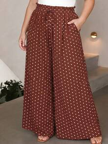 Vionelle Plus Size Women's French Style Casual Elegant Polka Dot Loose Straight Pants - Rust Brown - View 5
