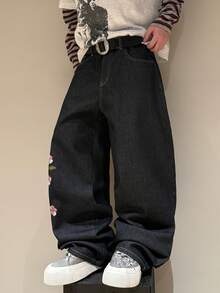 STEELVANCE Vintage Streetwear Embroidered Loose Straight Leg Casual Jeans, Versatile Daily Wear Plus Size - Black - View 5