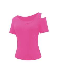 Women's Solid Color Asymmetric Collar Fitted Short Sleeve T-Shirt - Hot Pink - View 4