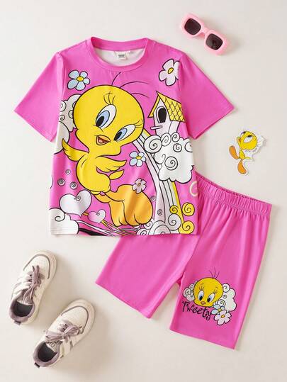 LOONEY TUNES X SHEIN 少女短袖T恤和短裤休闲套装