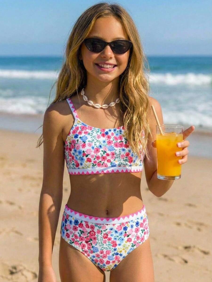 SHEIN Bộ bikini in hoa dành cho bé gái tuổi teen, gồm 2 mảnh, kiểu dáng ngọt ngào và thời trang, phù hợp cho mọi dịp, mùa xuân/hè. - Hồng - Xem 1