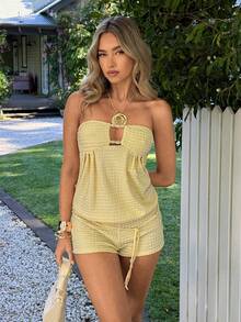 Aloruh Mono de punto texturizado amarillo sólido para mujer, nuevo para primavera/verano, con bandeau con cuentas, adecuado para vacaciones y citas - Amarillo claro - Ver 5