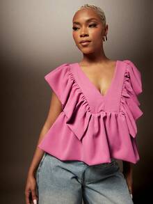 Solid Woven V Neck Ruffle Petal Sleeve Peplum Hem Top - Dusty Pink - View 4