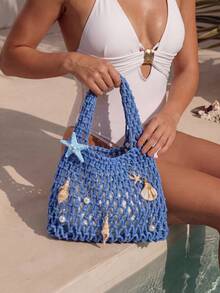 Swim Chiccia 1 pièce Sac fourre-tout en maille de polyester à fond multicolore unicolore, motif losange, léger, portable, grande capacité, mignon, style japonais, sac de plage d'été, convient aux femmes, étudiants, enseignants - Bleu azur - Voir 3
