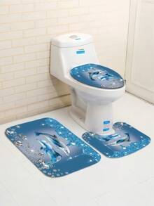 1 pieza/ 4 piezas Juego de cortina de baño de lujo con delfín y diamantes Conjunto premium de poliéster impermeable y resistente al moho, extra ancho, decoración de baño con estampado de animales marinos, estilo moderno azul y plateado, regalos de - Multicolor - Ver 5