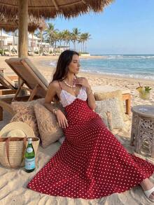 Sunnyshic Đầm maxi nữ màu đen chấm bi phối ren, cổ chữ V, hở lưng, buộc eo, thích hợp cho mùa xuân/hè, thanh lịch cho kỳ nghỉ/hẹn hò/đám cưới, phong cách tối giản mặc hàng ngày. - Màu Đỏ Sâu - Xem 8