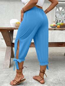 Breezaya Plus Size High Waist Drawstring 7/8 Pants, Spring/Summer - Blue - View 2