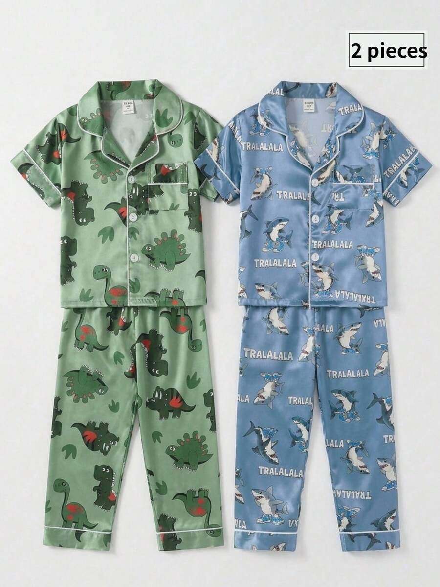 2pcs Young BoyCute Shark Graphic Print Short Sleeve Polo Collar Cardigan And Pants Casual Comfortable Homewear Set