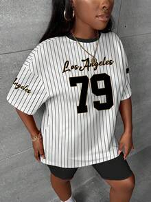 Slaydiva Bộ 2 món dành cho nữ cỡ lớn, kiểu dáng thường ngày, gồm áo thun và quần đùi legging kẻ sọc số, kiểu dáng thường ngày. - Nhiều màu - Xem 5