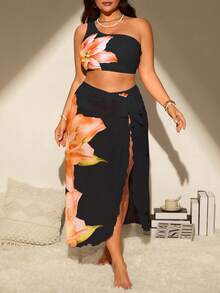 SHEIN Swim Vcay Bộ đồ bơi 3 mảnh cỡ lớn dành cho nữ, màu đen, họa tiết hoa ly 3D, gồm áo lệch vai, quần cạp cao và chân váy. - màu đen - Xem 4