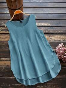 Linhara Plus Size Summer Casual Sleeveless Solid Color Shirt - Baby Blue - View 1
