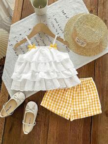 Babygirl Summer Cute Vacation Ruffle Camisole Top And Plaid Shorts Set - Yellow - View 7