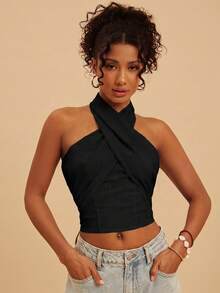 Travachic Women's Solid Color Woven Halter Neck Camisole, Spring/Summer,Summer Top - Black - View 5