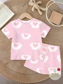 女童可爱韩流女团印花两件套，粉白爱心云朵T恤+短裤，婴幼儿甜美休闲夏季套装 - 彩色 - 查看 2