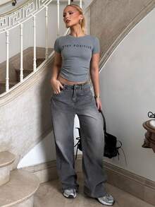 BiaLiraa 斜口袋宽腿宽松牛仔裤 Y2k - 淺灰色 - 查看 1