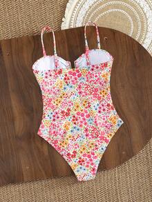 Swim Lushoire Áo tắm liền thân cổ chữ U kẻ sọc mới dành cho nữ - Hồng - Xem 2