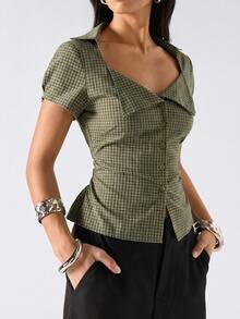 LYSMO 2026 New Minimalist Spring/Summer Women's Fashion Plaid Belted Shirt, Summer Blouse - Multicolor - View 4