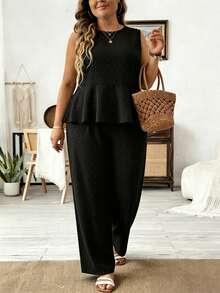 SHEIN LUNE Bộ 2 món dành cho nữ cỡ lớn, gồm áo tank top chấm bi có họa tiết, viền bèo nhún và quần ống rộng thoải mái. - màu đen - Xem 6