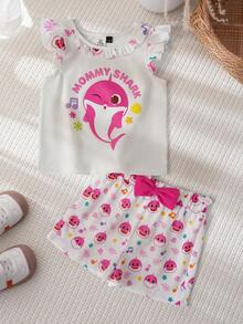 BABY SHARK X SHEIN Set Kaos dan Celana Pendek Lengan Bergelombang Motif Kartun untuk Bayi Perempuan - Putih - View 1