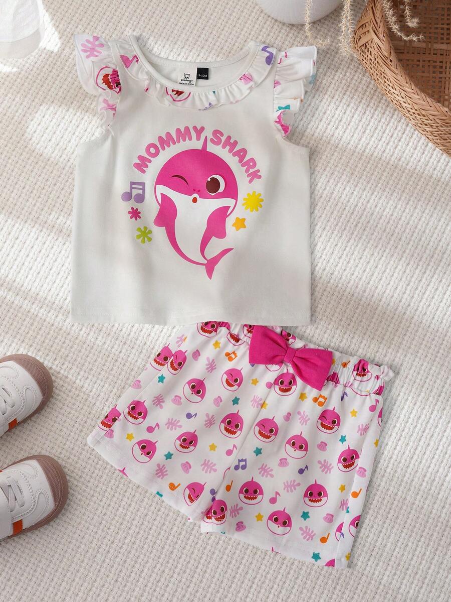 BABY SHARK X SHEIN Set Kaos dan Celana Pendek Lengan Bergelombang Motif Kartun untuk Bayi Perempuan - Putih - View 1