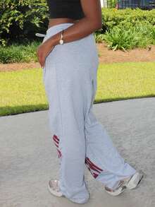 夏季女式音乐会街头风 Y2K 休闲日常运动装灰色健身印花阔腿裤 - 灰色 - 查看 3