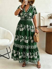 Ceyna Plus-Size Women's Summer Bohemian Business Casual Light Green Dress, Deep V-Neck With Ruffled Sleeves, Waist-Cinching A-Line Long Dress, Vacation - Multicolor - View 4