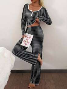 SHEIN Lace Trim Square Collar Striped Print Long Sleeve Pajama Set - Multicolor - View 8