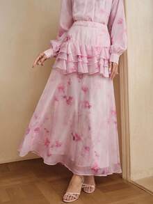 Anewsta Chân váy dài in hoa hồng màu hồng nhạt tươi tắn, viền xếp ly, kiểu dáng mùa xuân/hè dành cho nữ, thích hợp làm chân váy đi nghỉ mát. - Màu Hồng baby - Xem 1