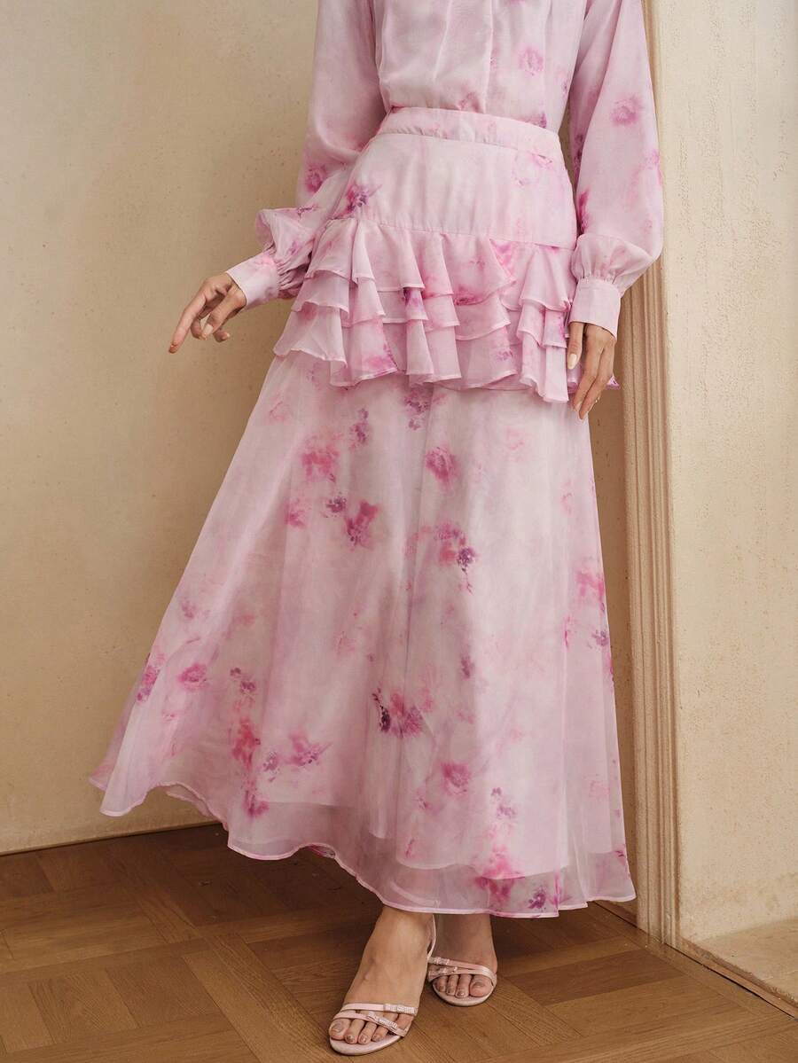 Anewsta Chân váy dài in hoa hồng màu hồng nhạt tươi tắn, viền xếp ly, kiểu dáng mùa xuân/hè dành cho nữ, thích hợp làm chân váy đi nghỉ mát. - Màu Hồng baby - Xem 1